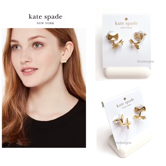 NWT Kate Spade ♠️ OUT WEST 12-K Gold Plated Glass Pearl Cat Ear Jacket Earrings